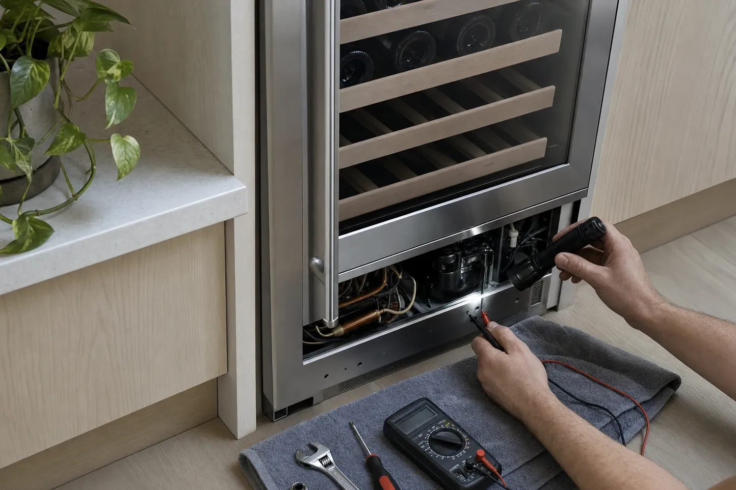 Flashlight and a meter probe held into the open machine compartment of an undercounter wine cooler, tools on a towel