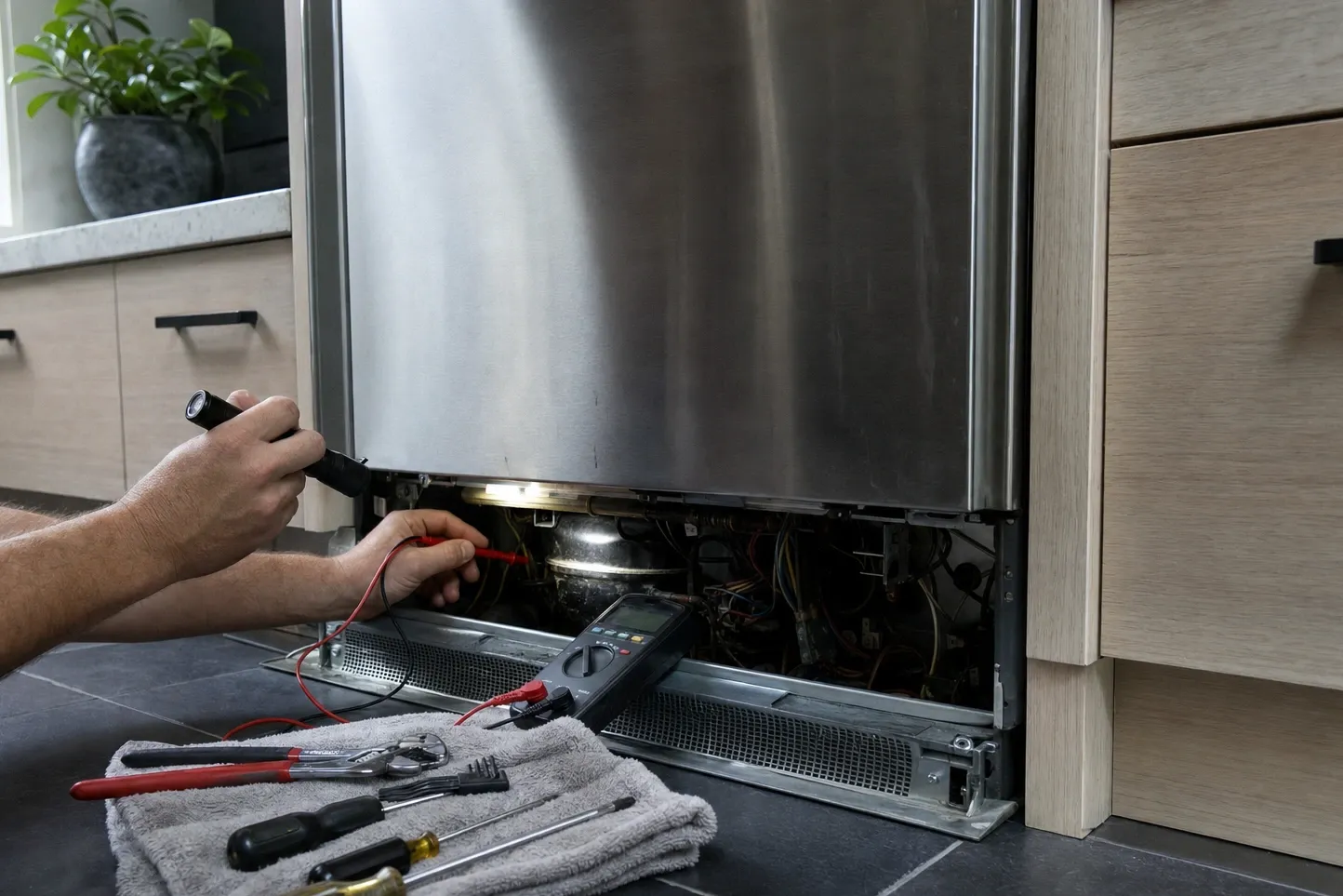 Stainless undercounter unit with its base grille removed, flashlight and probe at the compressor, tools on a towel