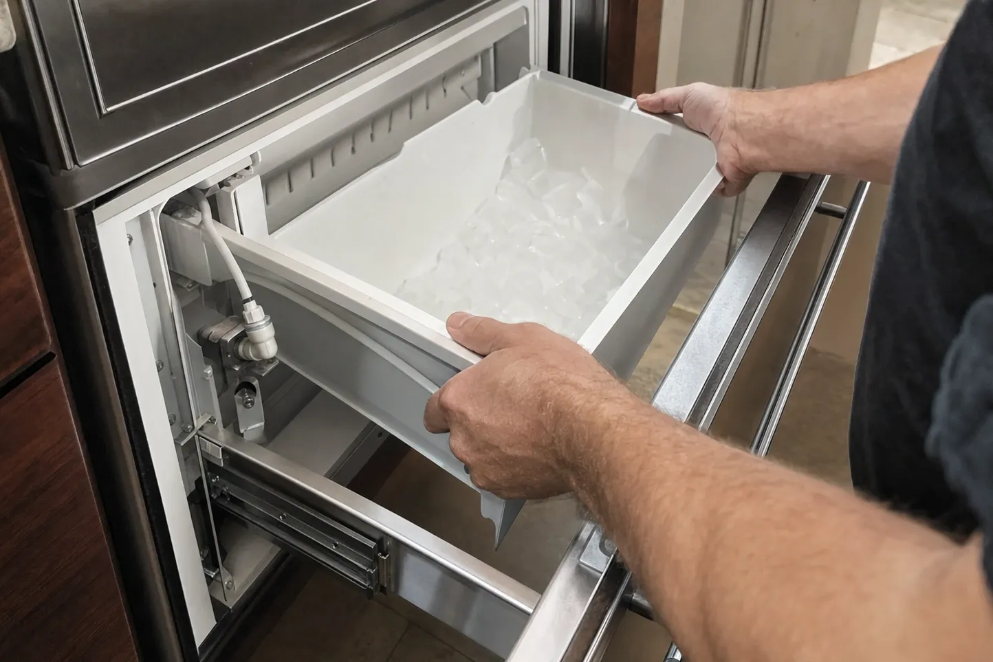 Hands drawing the ice storage bin part full of cubes out of the ice-maker drawer, water line and fitting behind