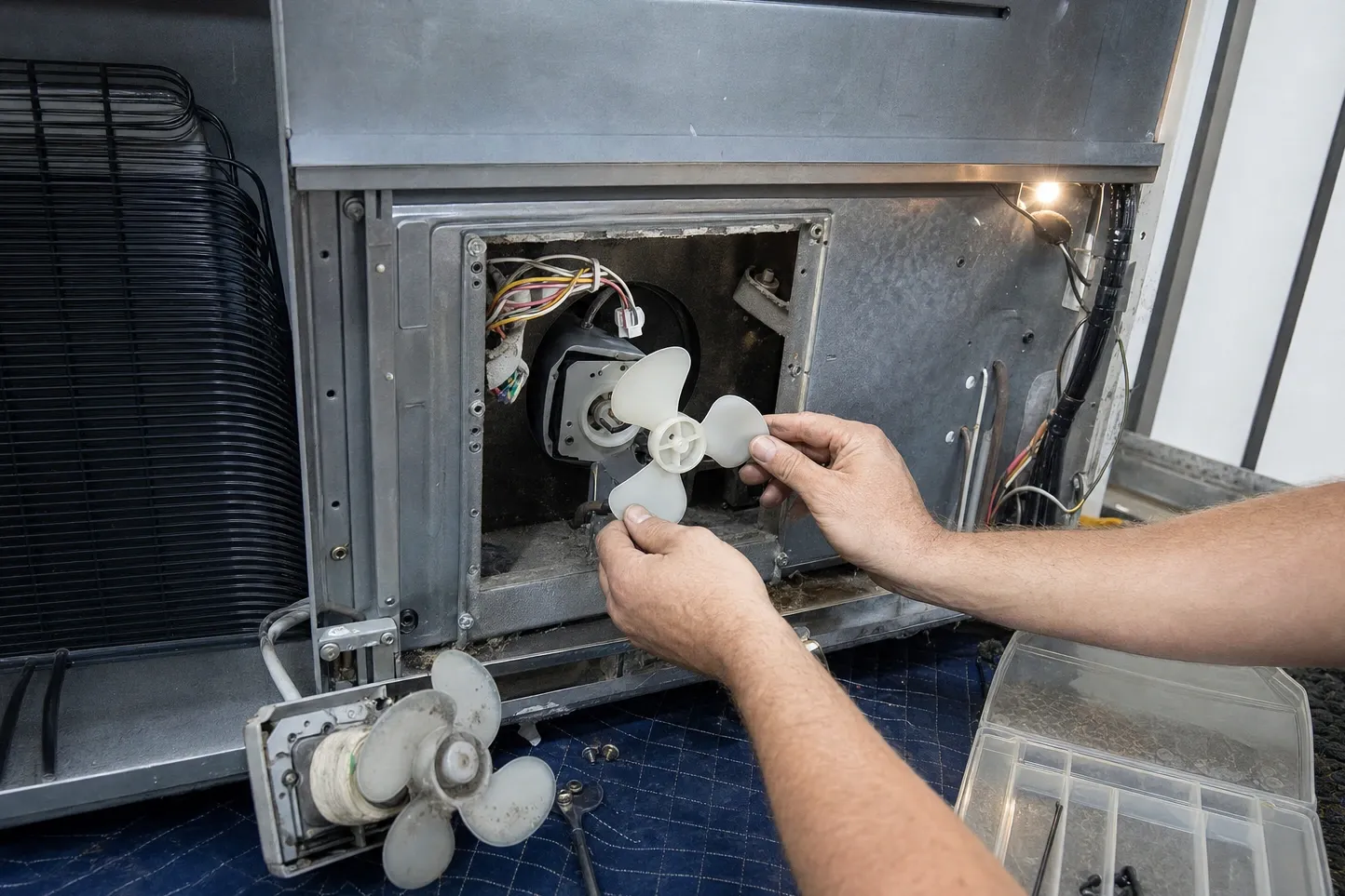 Hands fitting a new white fan blade to the condenser fan motor behind a unit, the old dust-caked blade lying alongside